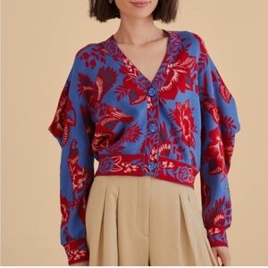 Farm Rio Vibrant Blue & Red Floral V-Neck Cardigan